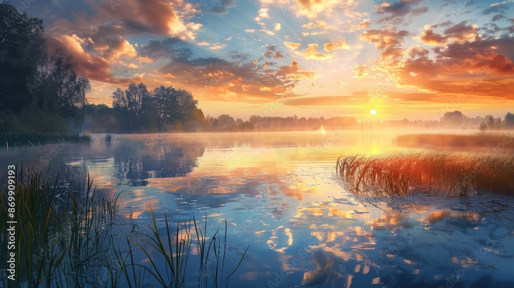 A beautiful summer sunrise over a calm lake, with the sky reflecting in the water A beautiful summer sunrise over a calm lake, with the sky reflecting in the water