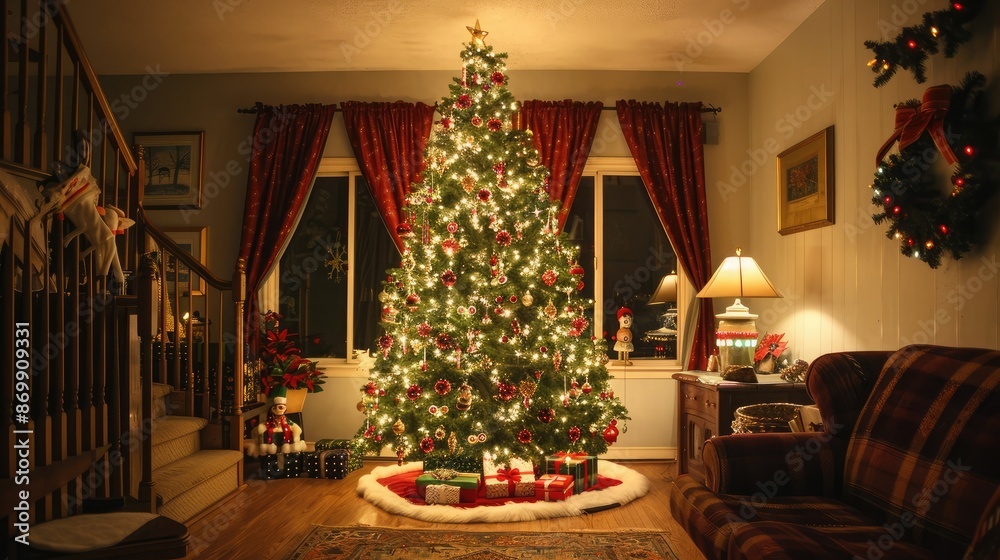 Obraz premium A beautifully decorated Christmas tree, representing holiday joy and happiness