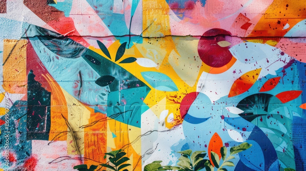 Fototapeta premium A colorful mural on a city wall, symbolizing artistic expression and joy