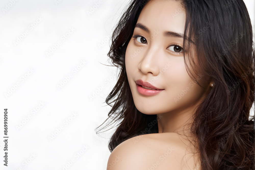 Obraz premium A woman with long dark hair and a white background