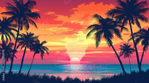 A colorful sunset over the ocean, with silhouettes of palm trees and the sky painted in shades of orange and pink