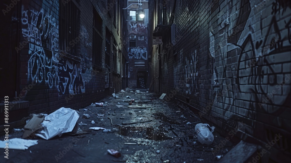 A dark, deserted alleyway with trash and graffiti, representing despair A dark, deserted alleyway with trash and graffiti, representing despair