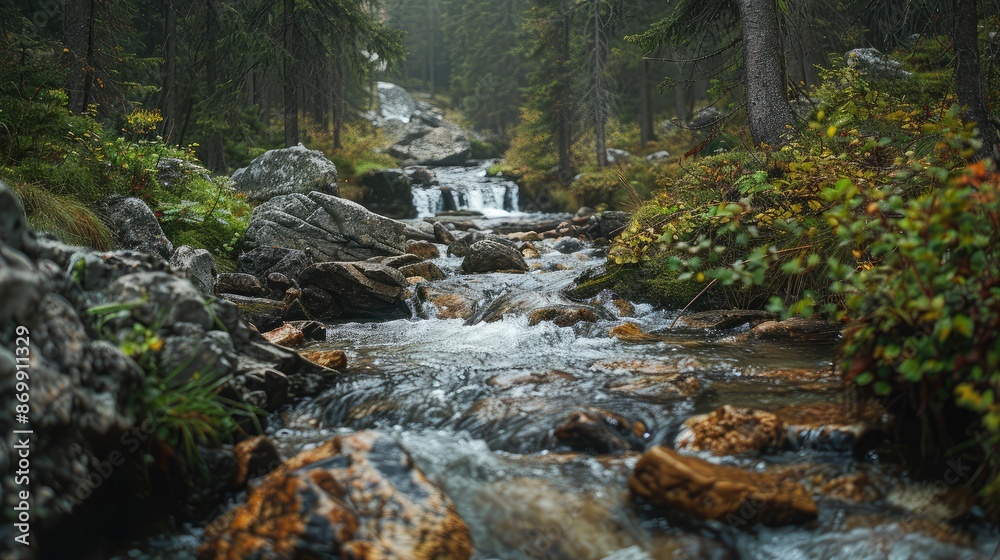 A crystal-clear mountain stream flowing through a forest A crystal-clear mountain stream flowing through a forest
