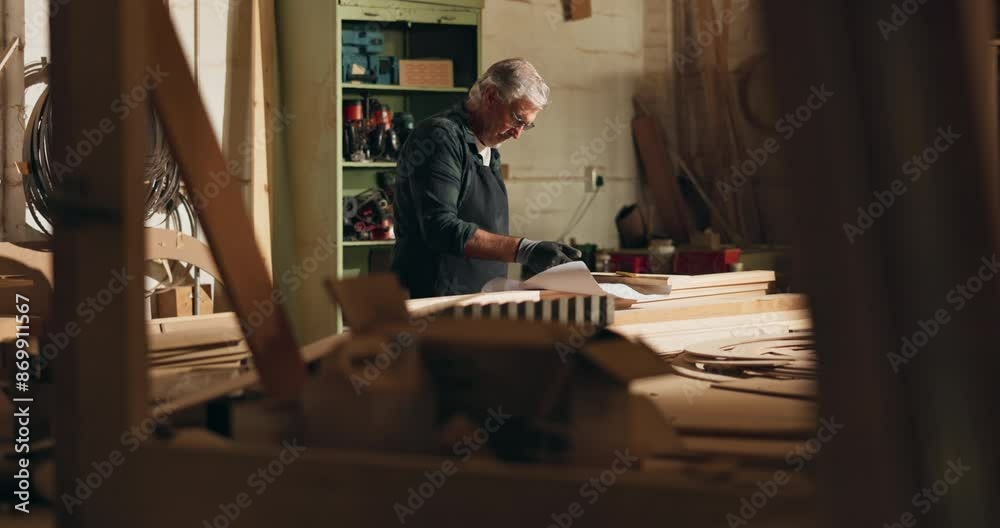 Mature, man and carpenter working in workshop, woodwork and planning framework or furniture project with pine wood. Craftsmanship, production and thinking with professional, manufacture and building