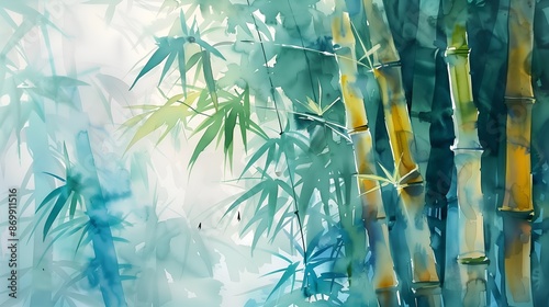 watercolor serene bamboo forest in green and blue colors