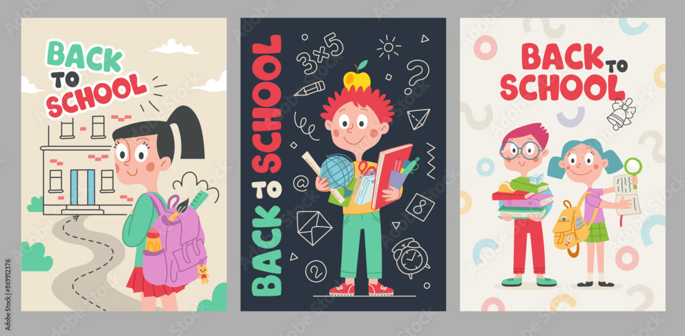Fototapeta premium Back to School Poster Cover Set. Cute childrens illustration with textbooks, notebook, backpack, globe, school. Text, inscription. Vector cartoon