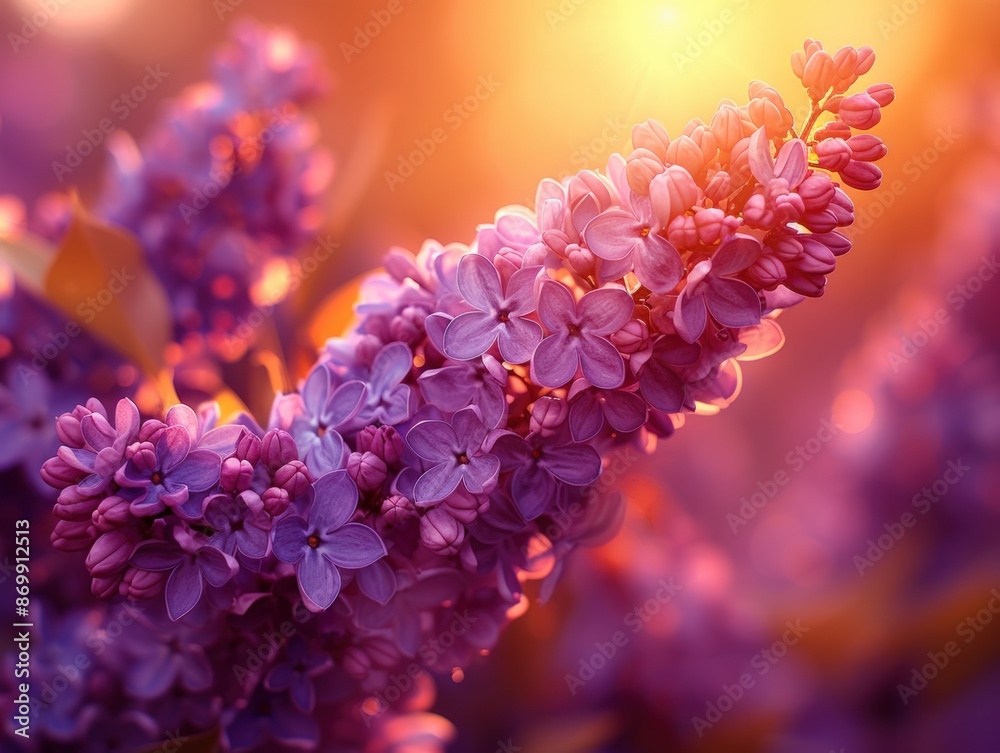 Obraz premium Vibrant purple lilac flowers in warm sunset glow