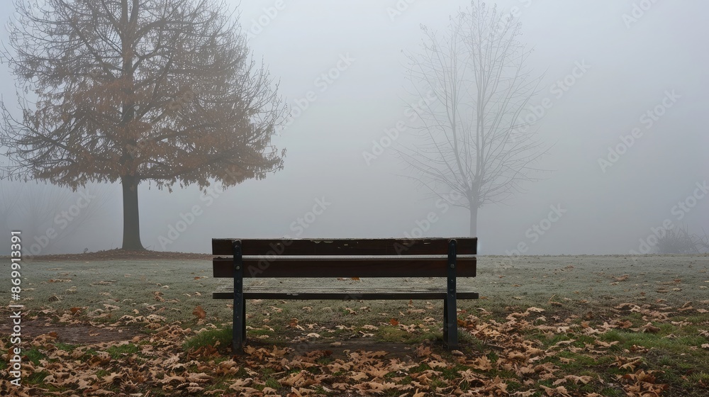 A lonely bench in a foggy park, evoking a sense of isolation and sadness A lonely bench in a foggy park, evoking a sense of isolation and sadness