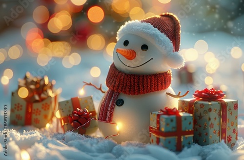 Smiling Snowman With Presents In Winter Wonderland