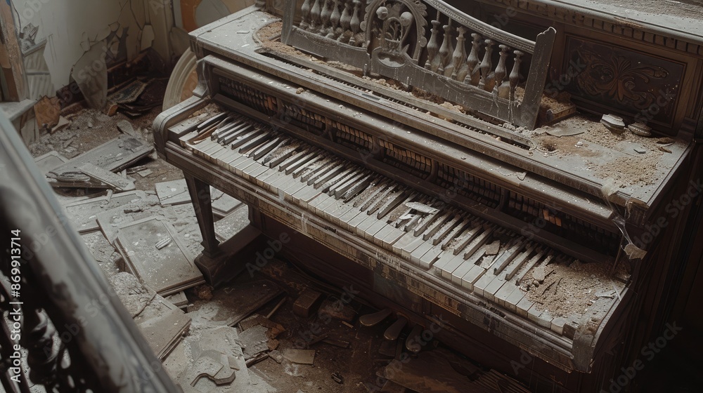 A neglected, dusty piano with a few broken keys A neglected, dusty piano with a few broken keys
