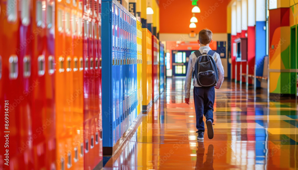 Fototapeta premium A student with a backpack is walking through the school hallway in a relaxed manner