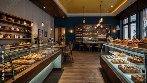  Bakery Interior with Display Case of Cakes, Cupcakes, and Pastries
