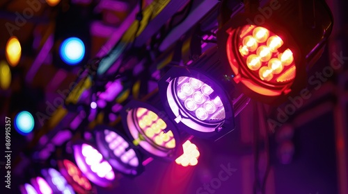 A row of PAR can lights casting colorful beams on a stage