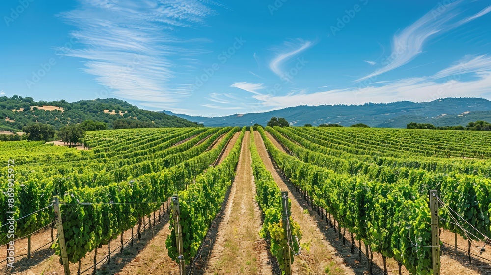 A scenic view of a summer vineyard, with rows of grapevines under a clear blue sky A scenic view of a summer vineyard, with rows of grapevines under a clear blue sky