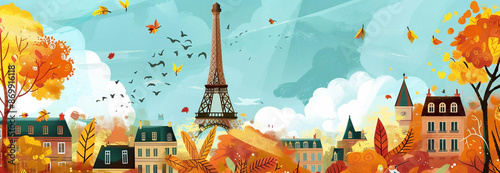 Illustration of Paris in fall seasons for background