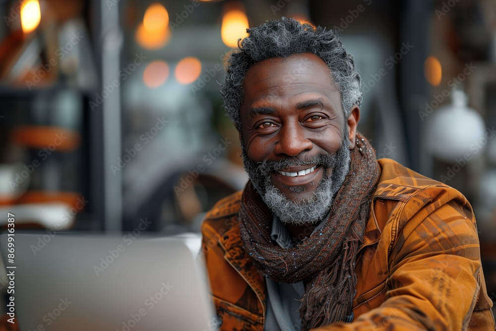 Smiling Senior Man Uses Laptop in a Coffee Shop Smiling Senior Man Uses Laptop in a Coffee Shop