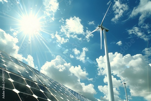 Solar panel and wind turbine synergy under a bright sky highlighting the integration of renewable energy technologies for a sustainable and eco friendly power generation system
