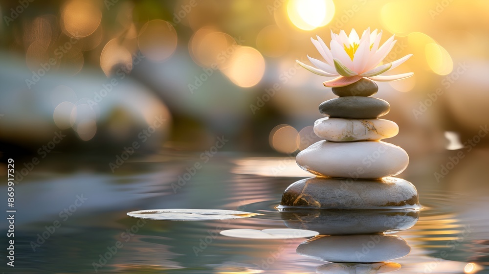 Obraz premium Serene balance in nature, zen stones stack with lotus on top, large space for copy
