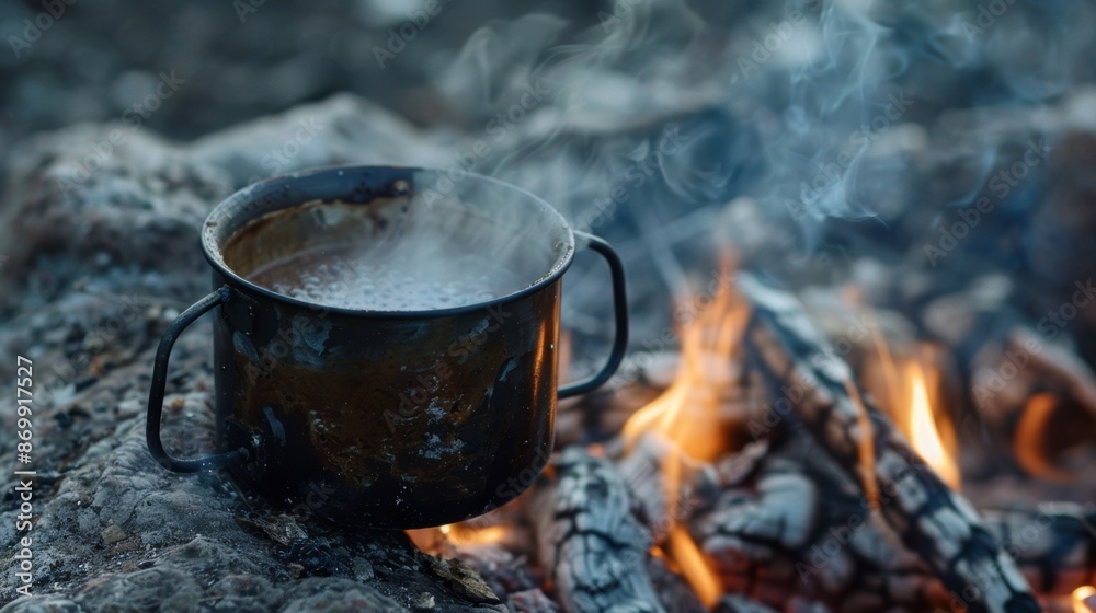 A closeup of a steaming pot of hot cocoa being warmed directly on the embers of a dying campfire. A closeup of a steaming pot of hot cocoa being warmed directly on the embers of a dying campfire.