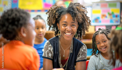 A smiling teacher is joyfully teaching a group of children in a classroom setting