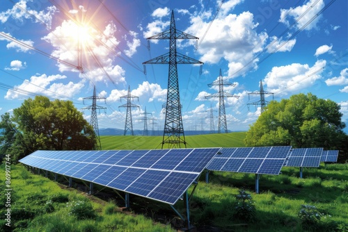 Solar energy farm with clear blue skies showcasing the use of renewable energy sources in a rural setting for a sustainable and eco friendly power generation system