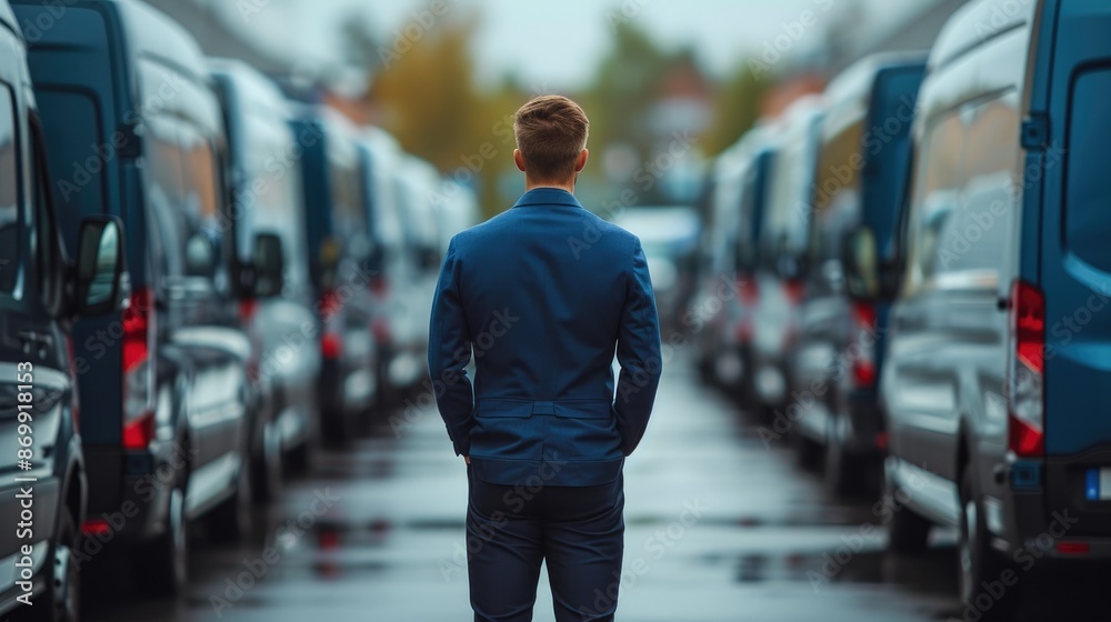 Businessman Leading Fleet Management Operations in Urban Setting Businessman Leading Fleet Management Operations in Urban Setting