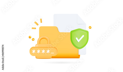 3D Yellow folder with lock, pin code and file. Access to documents and confidentiality. Data security and protection. Privacy archive. Cartoon creative design icon. 3D Vector illustration