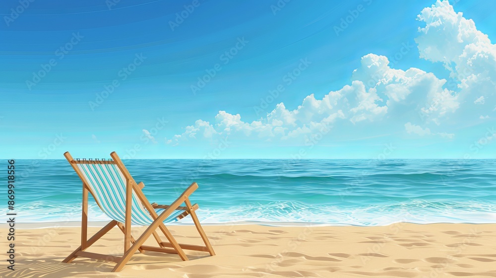 3D illustration of a summer beach scene with a chair on the beach blue sea and a clear cloudy sky 3D illustration of a summer beach scene with a chair on the beach blue sea and a clear cloudy sky