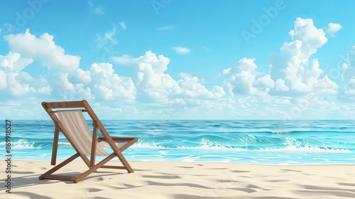 Fototapeta Naklejka Na Ścianę i Meble -  3D illustration of a summer beach scene with a chair on the beach blue sea and a clear cloudy sky