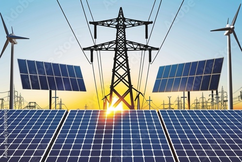 Renewable energy synergy with solar panels and wind turbines highlighting the collaborative use of sustainable technologies for a greener and more eco friendly power generation system