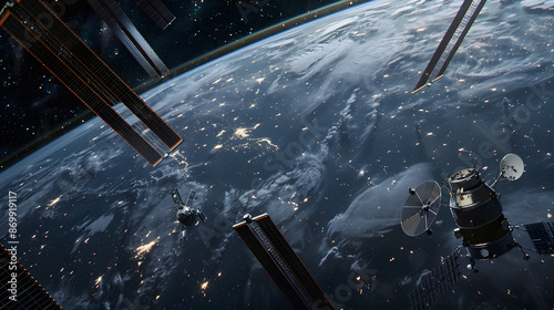 view from space of starlink satelites streaming from left to right of frame, with earth off in the distance in the background,