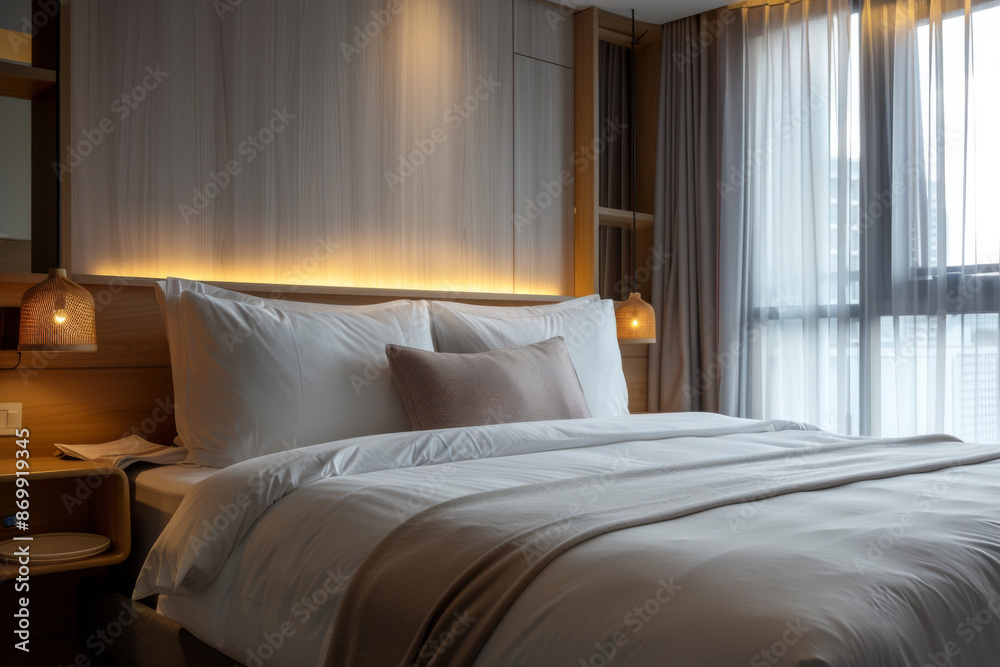 Fototapeta premium Angled View of Hotel Bed by Window, Softly Lit, Dreamy and Serene Atmosphere