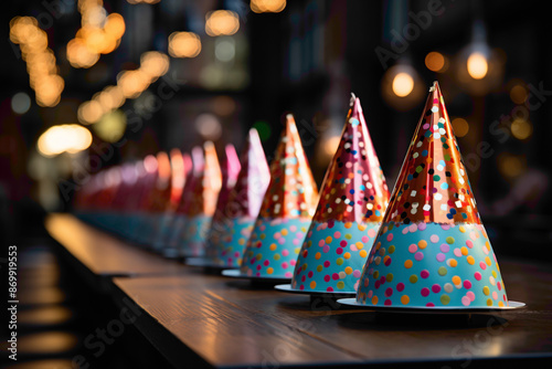 A group of cheerful and vibrant party hats arranged neatly on a table, ready to be donned by guests in the spirit of birthday revelry. photo