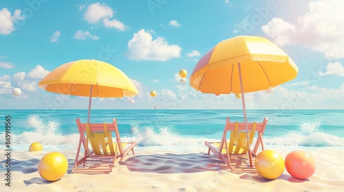 3D illustration of a vacation beach landscape featuring beach chairs the sea and a yellow umbrella with balls © Khalida