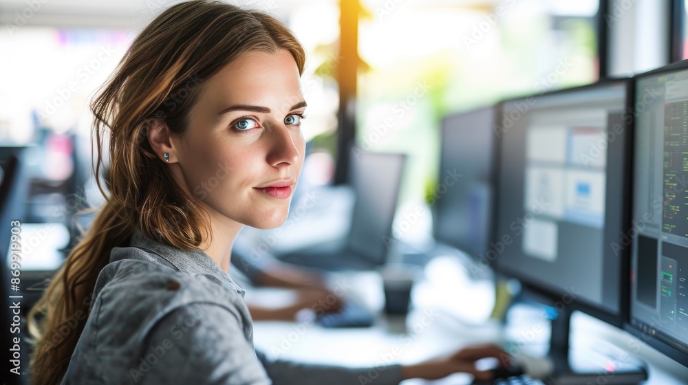 Fototapeta premium Casually Dressed Female Programmer Focused on Software Development