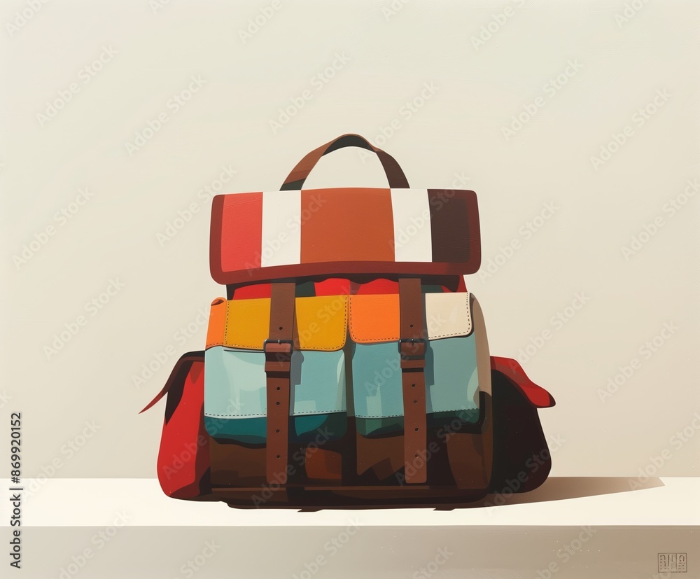 A vibrant canvas backpack featuring a striking combination of red, green, blue, and white sections. A vibrant canvas backpack featuring a striking combination of red, green, blue, and white sections.