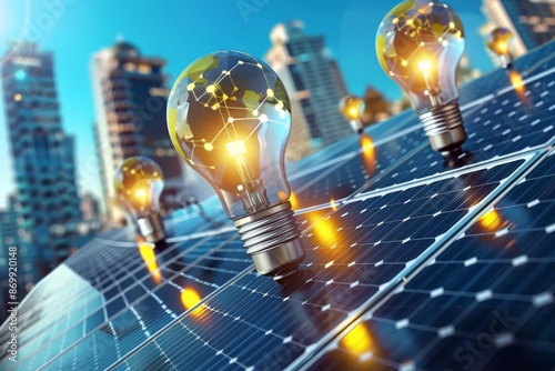 Innovative Light Bulbs on Solar Panels with Cityscape Background Symbolizing Renewable Energy and Urban Sustainability
