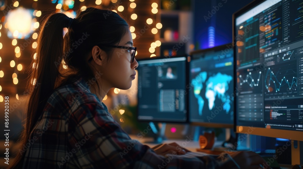 Concentrated Female Programmer with Multiple Screens Concentrated Female Programmer with Multiple Screens