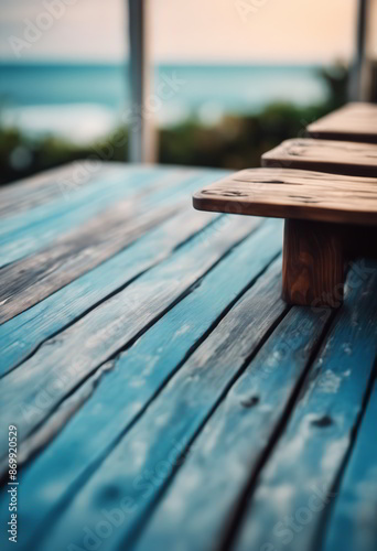 Table or Wooden Floor With Blur Ocean in the Background