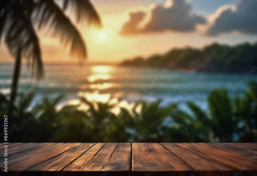 Fototapeta premium Table or Wooden Floor With Blur Ocean in the Background