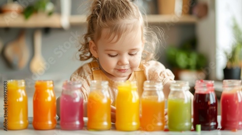 The child chooses fresh fruit juice in bottles. Healthy Lifestyle. A natural source of vitamins