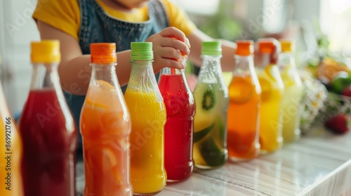 The child chooses fresh fruit juice in bottles. Healthy Lifestyle. A natural source of vitamins