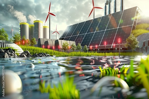 Eco Friendly Power Plant with Solar Panels and Wind Turbines in Rural Area Promoting Renewable Energy and Sustainability