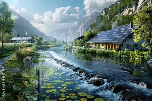 Sustainable Village with Solar Panels Wind Turbines and Lush Green Landscape Representing Renewable Energy and Rural Innovation