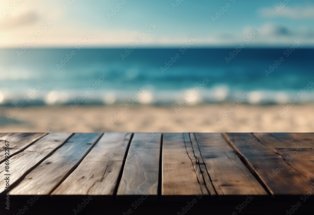Wood Table With Blur Ocean in the Background Wood Table With Blur Ocean in the Background