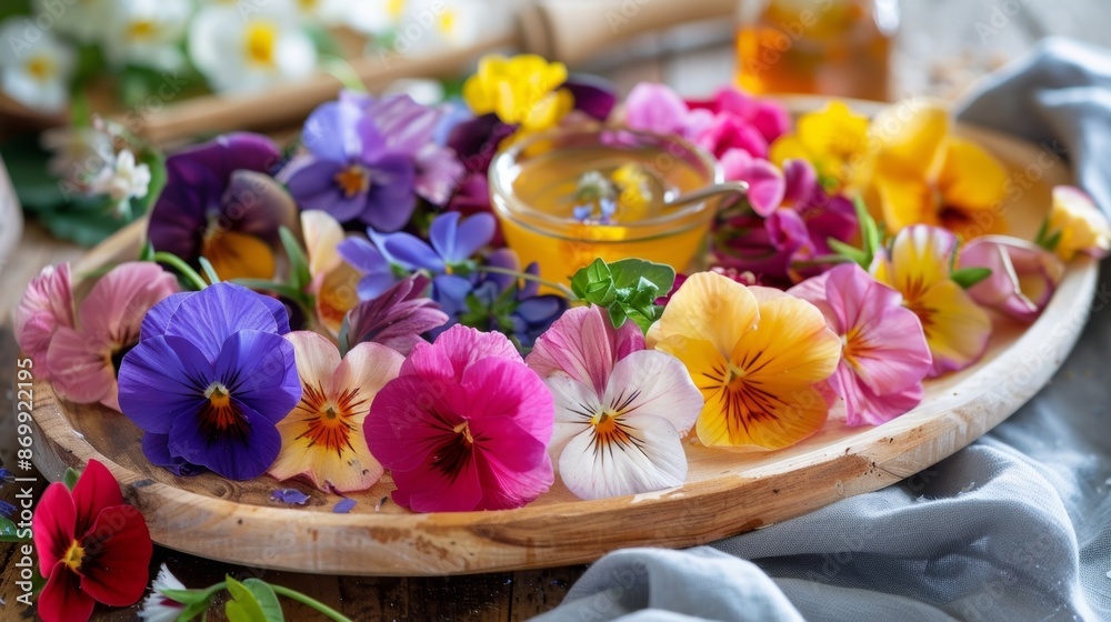 A platter of assorted wild edible flowers served with a honey mustard dipping sauce highlighting the unique and delicious flavors of these blooms. A platter of assorted wild edible flowers served with a honey mustard dipping sauce highlighting the unique and delicious flavors of these blooms.