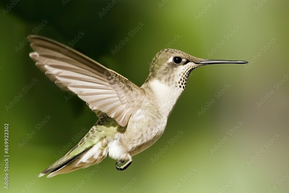 Obraz premium Hummingbird in Flight with Detailed Feathers and Green Background
