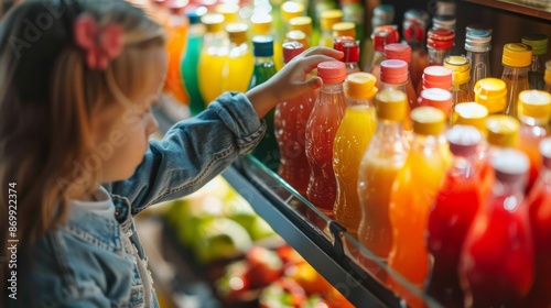 The child chooses fresh fruit juice in bottles. Healthy Lifestyle. A natural source of vitamins