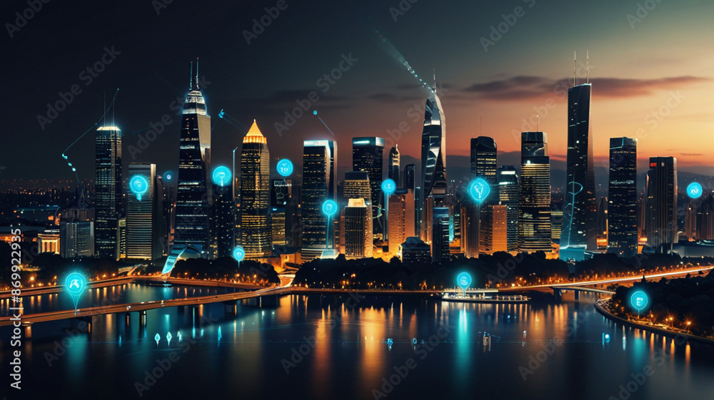 Fototapeta premium Smart City Concept: Visualizing the Interconnectedness of Modern Urban Infrastructure with IoT and Advanced Technologies