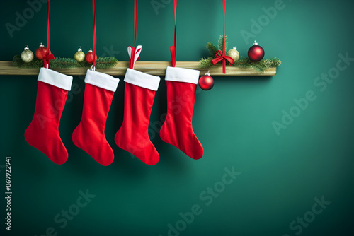 Christmas red stockings filled with presents, green background, copy space. New Year celebration